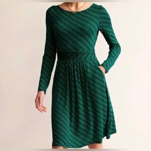 Boden Green & Navy Jersey Midi Long Sleeve Dress, Like New, 6